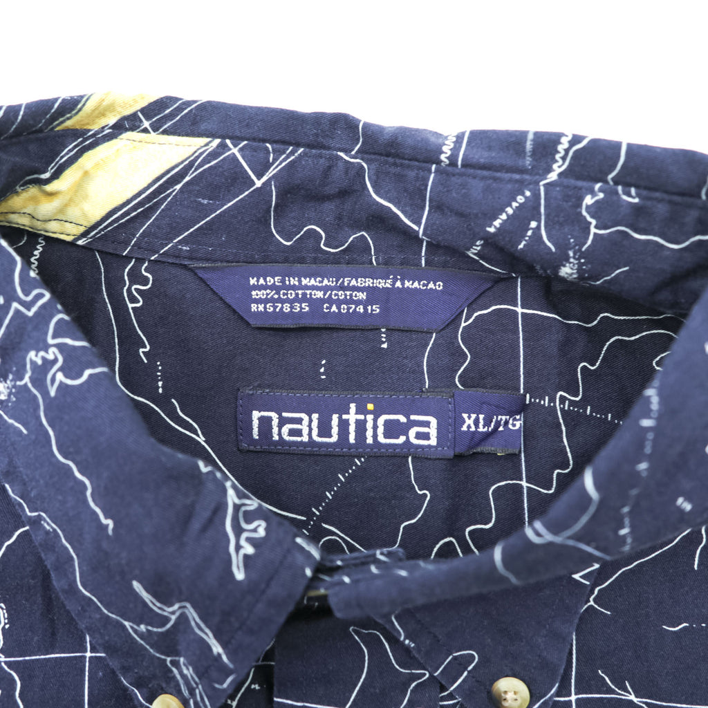 NAUTICA 90年代 総柄 ボタンダウンシャツ XL ネイビー コットン 胸ポケット 地図柄 ヨット