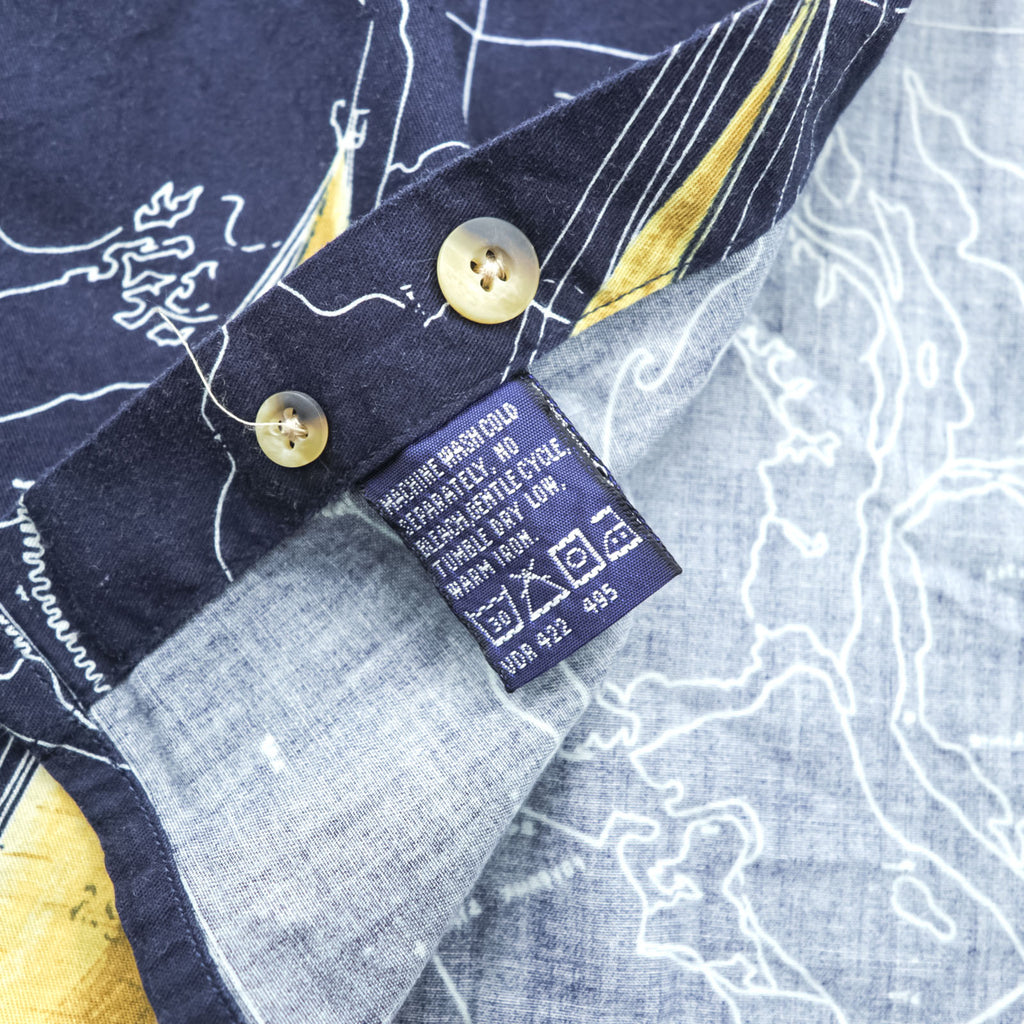 NAUTICA 90年代 総柄 ボタンダウンシャツ XL ネイビー コットン 胸ポケット 地図柄 ヨット