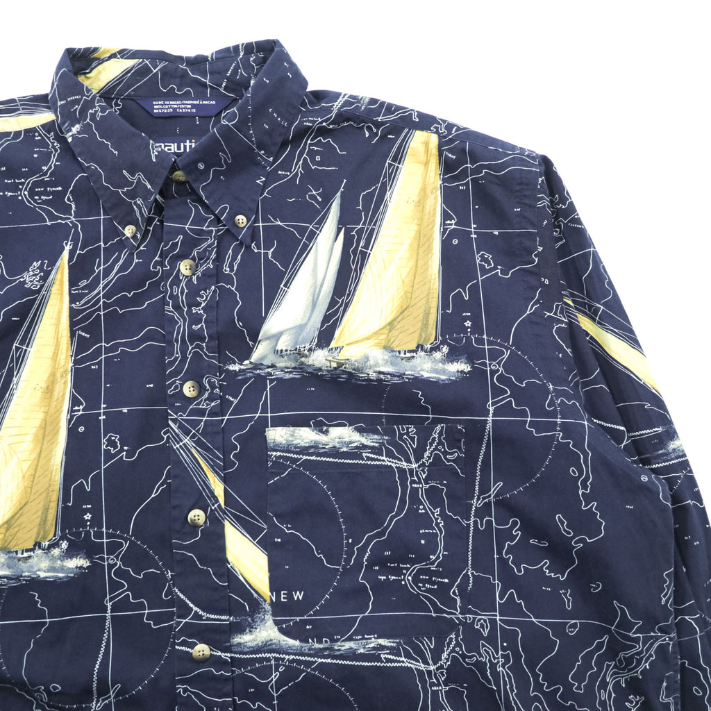 NAUTICA 90年代 総柄 ボタンダウンシャツ XL ネイビー コットン 胸ポケット 地図柄 ヨット