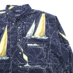 NAUTICA 90年代 総柄 ボタンダウンシャツ XL ネイビー コットン 胸ポケット 地図柄 ヨット