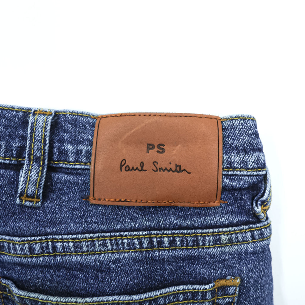 Paul Smith Slim Fit Skinny Denim Pants Jeans M Blue Stretch Leather Patch