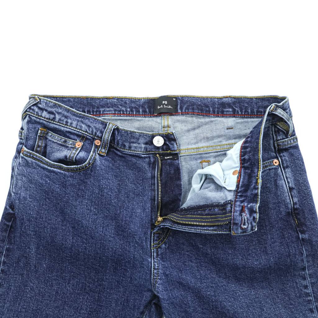 Paul Smith Slim Fit Skinny Denim Pants Jeans M Blue Stretch Leather Patch