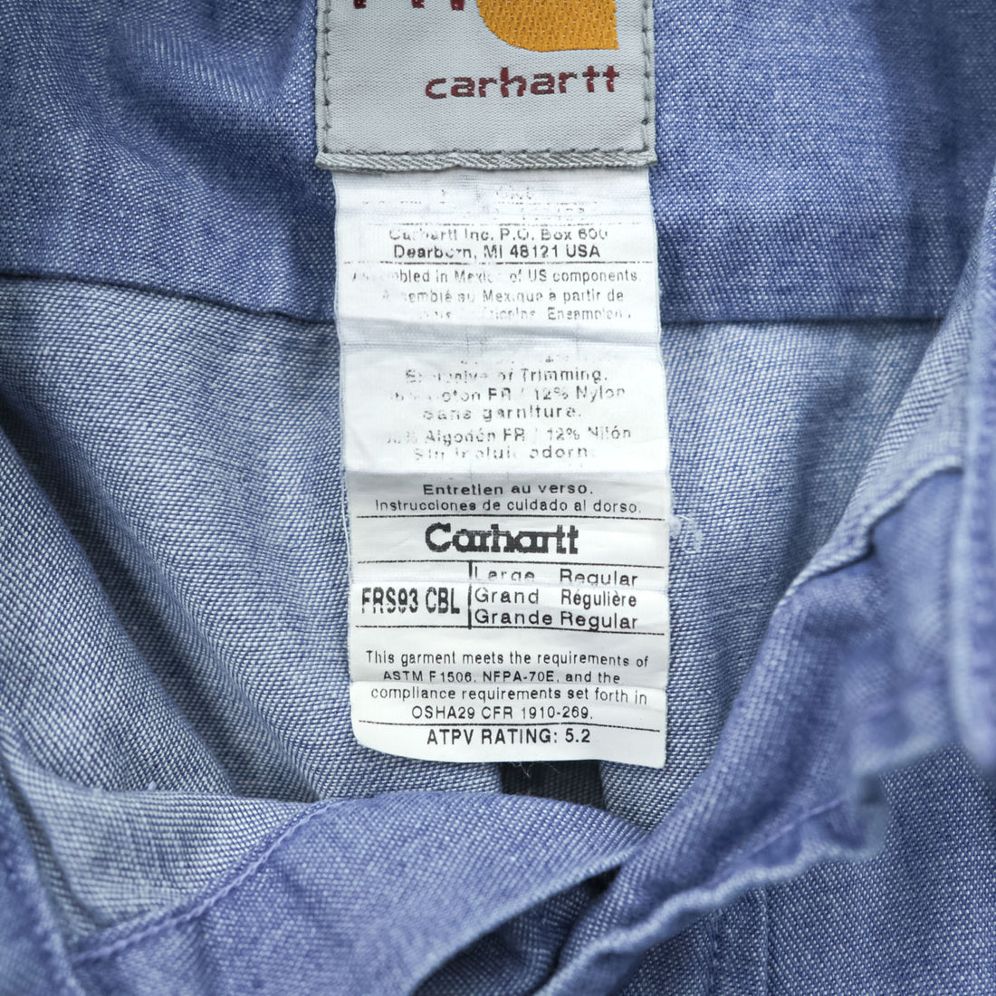 carhartt 90年代 シャンブレー ワークシャツ L ブルー ボタンダウン Flame Resistant 難燃 FRS293 CBL