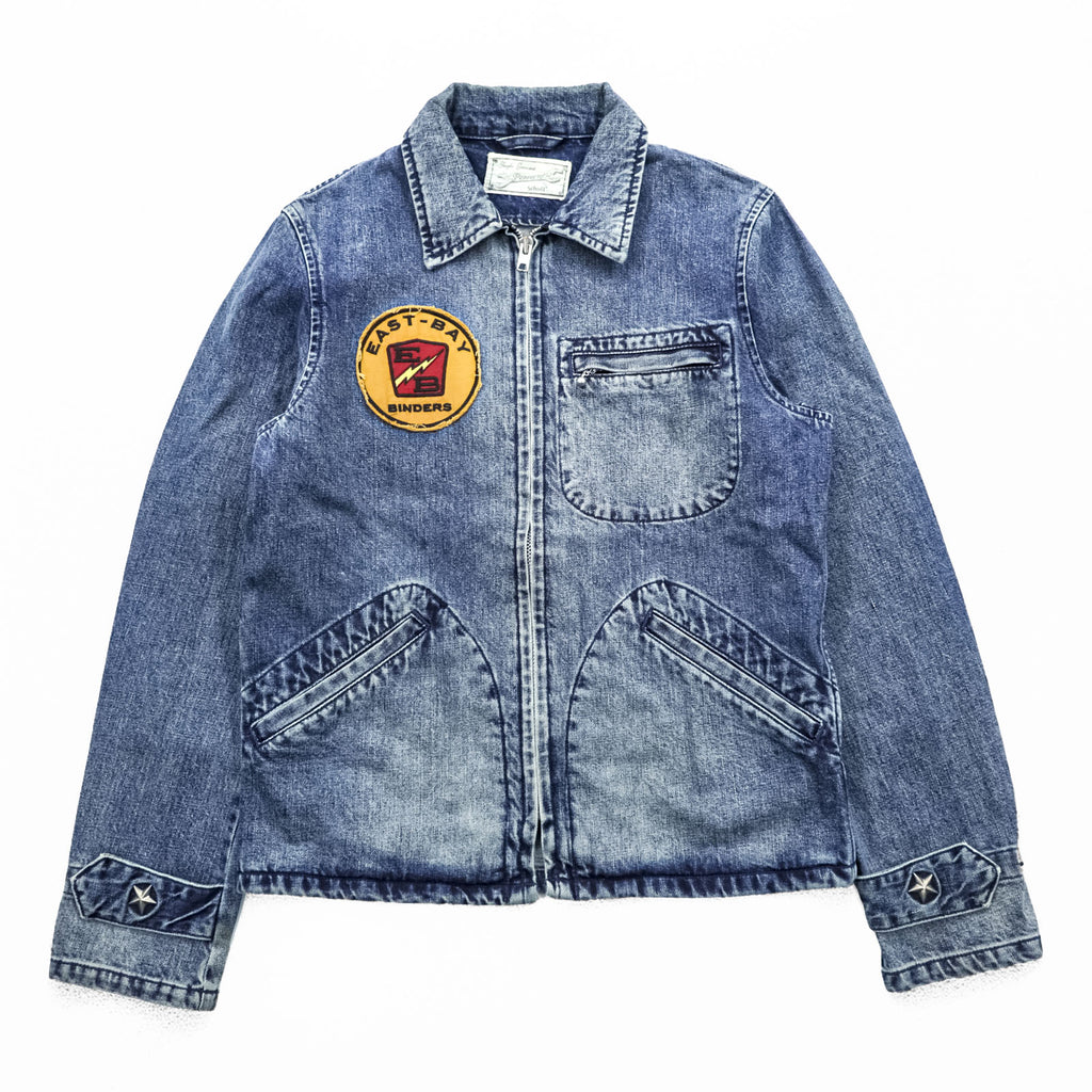 Schott PERFECTO Denim Jacket DENIM CPO JACKET Zip-Up Blouson S Indigo Perfecto EAST-BAY BINDERS Embroidery Patches Studs