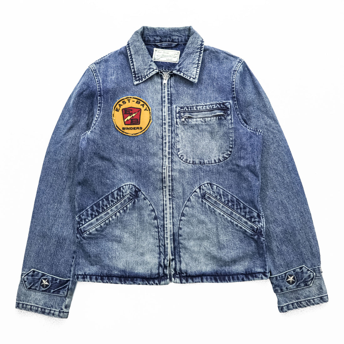 Schott PERFECTO Denim Jacket DENIM CPO JACKET Zip-Up Blouson S Indigo Perfecto EAST-BAY BINDERS Embroidery Patches Studs