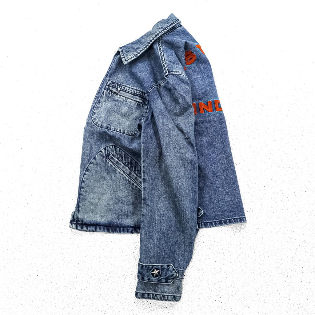 Schott PERFECTO Denim Jacket DENIM CPO JACKET Zip-Up Blouson S Indigo Perfecto EAST-BAY BINDERS Embroidery Patches Studs