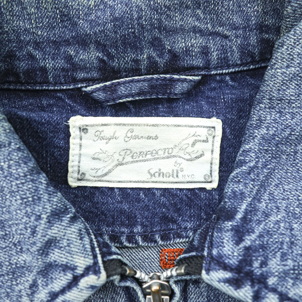 Schott PERFECTO Denim Jacket DENIM CPO JACKET Zip-Up Blouson S Indigo Perfecto EAST-BAY BINDERS Embroidery Patches Studs