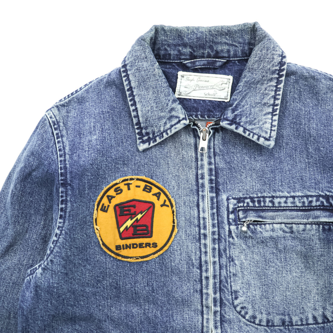 Schott PERFECTO Denim Jacket DENIM CPO JACKET Zip-Up Blouson S Indigo Perfecto EAST-BAY BINDERS Embroidery Patches Studs