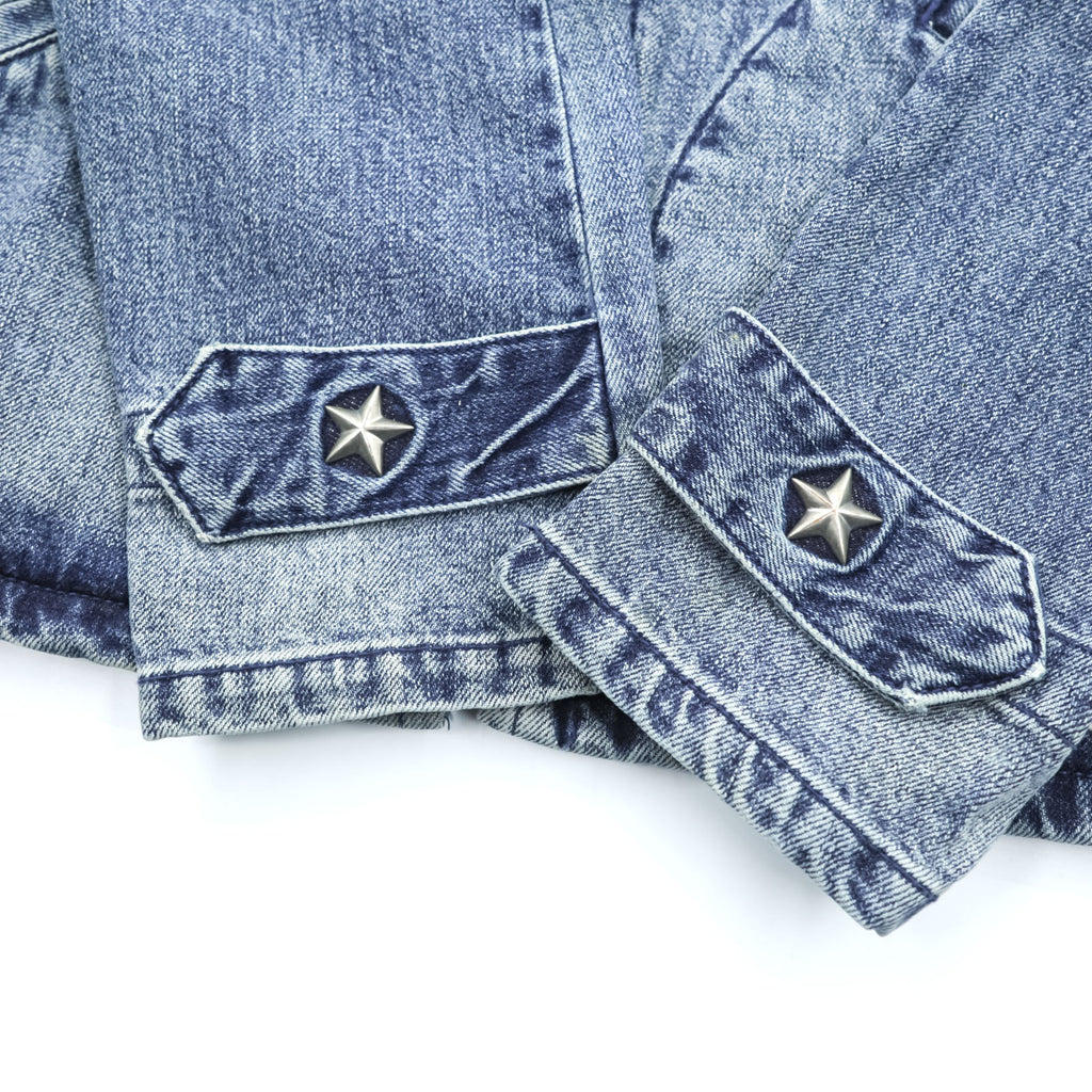 Schott PERFECTO Denim Jacket DENIM CPO JACKET Zip-Up Blouson S Indigo Perfecto EAST-BAY BINDERS Embroidery Patches Studs