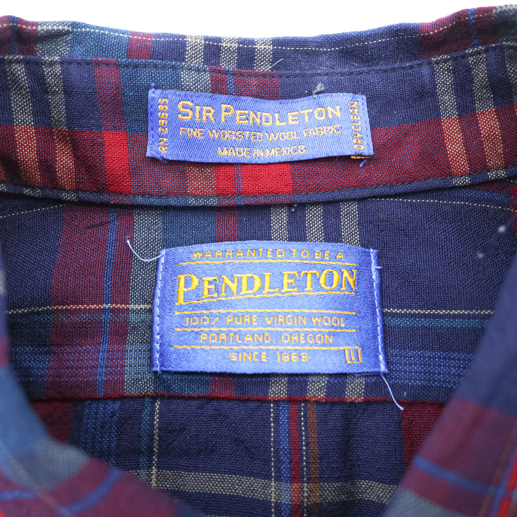PENDLETON ボタンダウン フランネルシャツ 長袖 ウールシャツ L ネイビー チェック 胸ポケット PURE VIRGIN WOOL