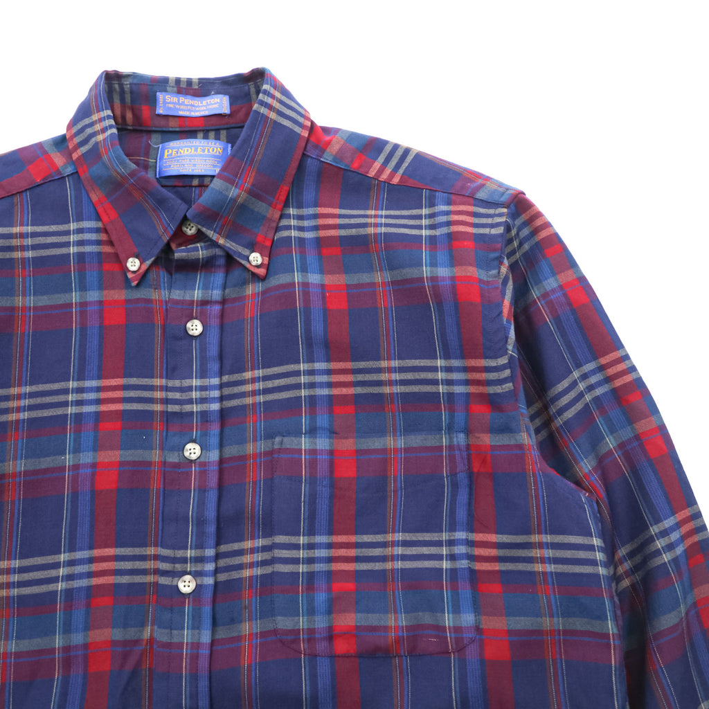 PENDLETON ボタンダウン フランネルシャツ 長袖 ウールシャツ L ネイビー チェック 胸ポケット PURE VIRGIN WOOL