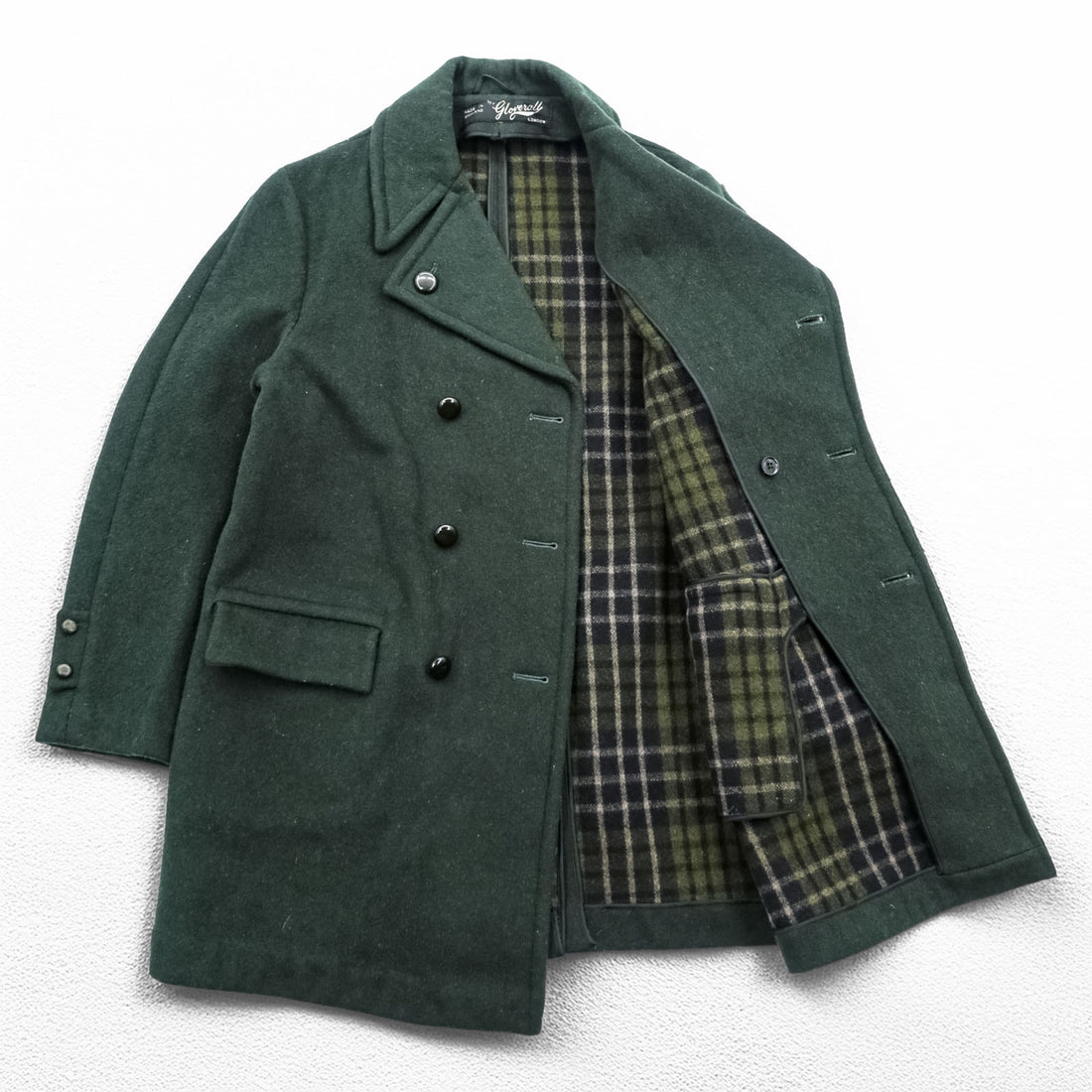 Vintage Gloverall London Double Breasted Wool Peacoat Dark Green Plaid Lining Made in England Men’s L