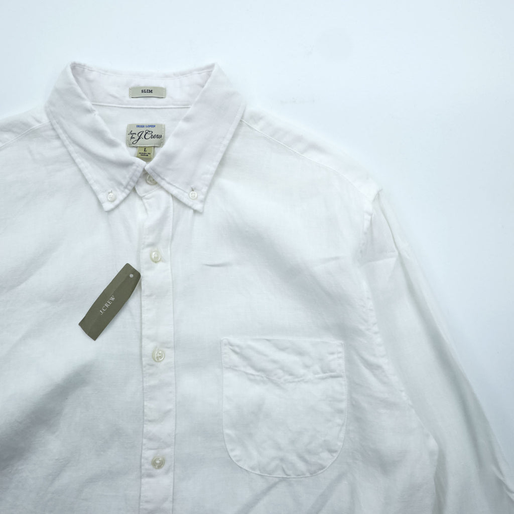 J.CREW リネンシャツ IRISH LINEN ボタンダウンシャツ L ホワイト 麻 100% 胸ポケット SLIM FIT 未使用品 K7899