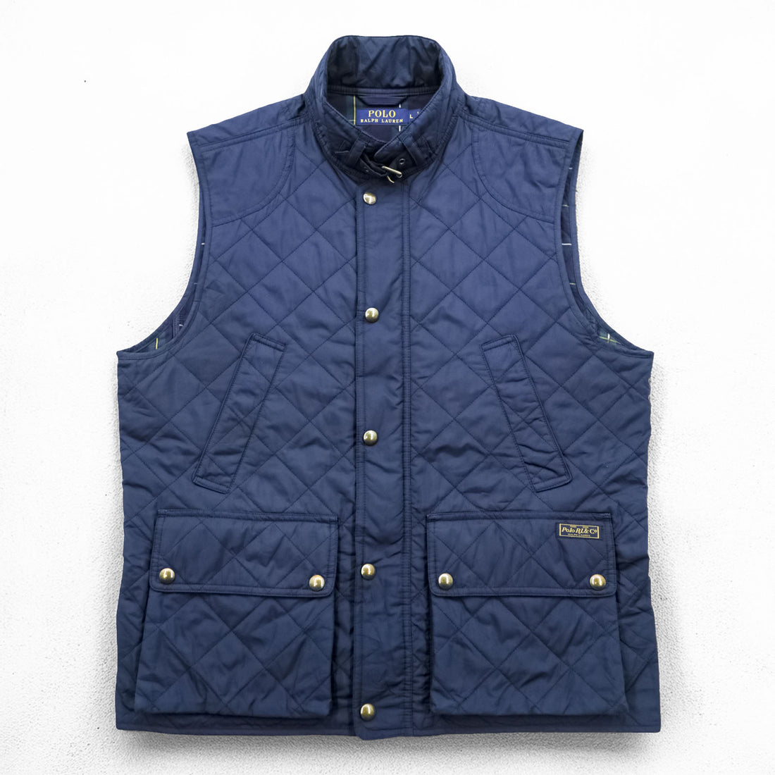 Polo Ralph Lauren キルティングベスト L ネイビー 中綿 TALONジップ 裏地タータンチェック チンストラップ