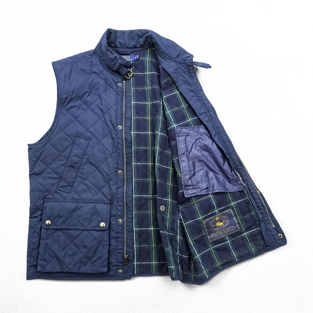 Polo Ralph Lauren キルティングベスト L ネイビー 中綿 TALONジップ 裏地タータンチェック チンストラップ