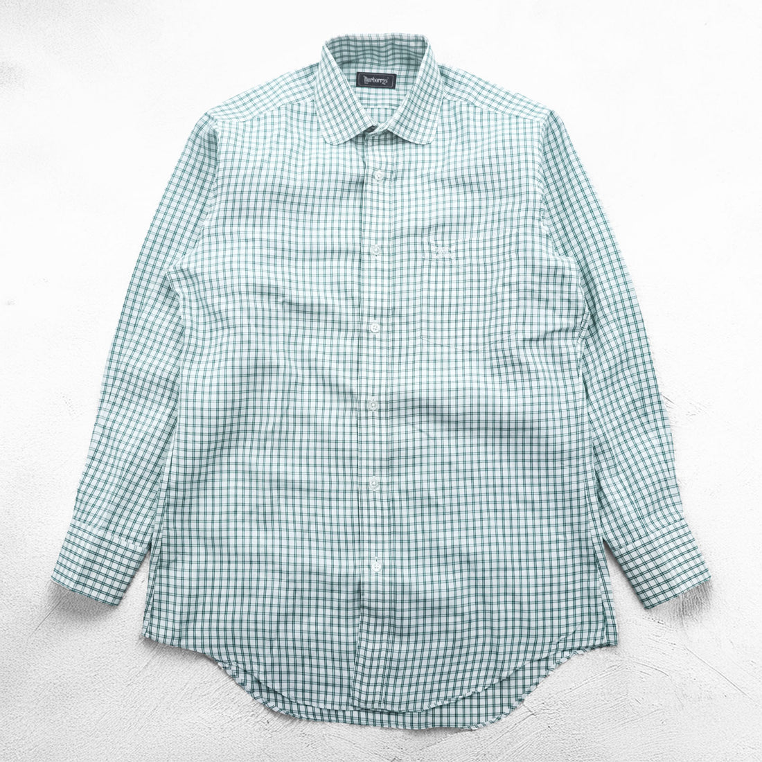 BURBERRY 90年代 日本製 ラウンドカラー 丸襟 ドレスシャツ M ホワイト チェック ワンポイントロゴ