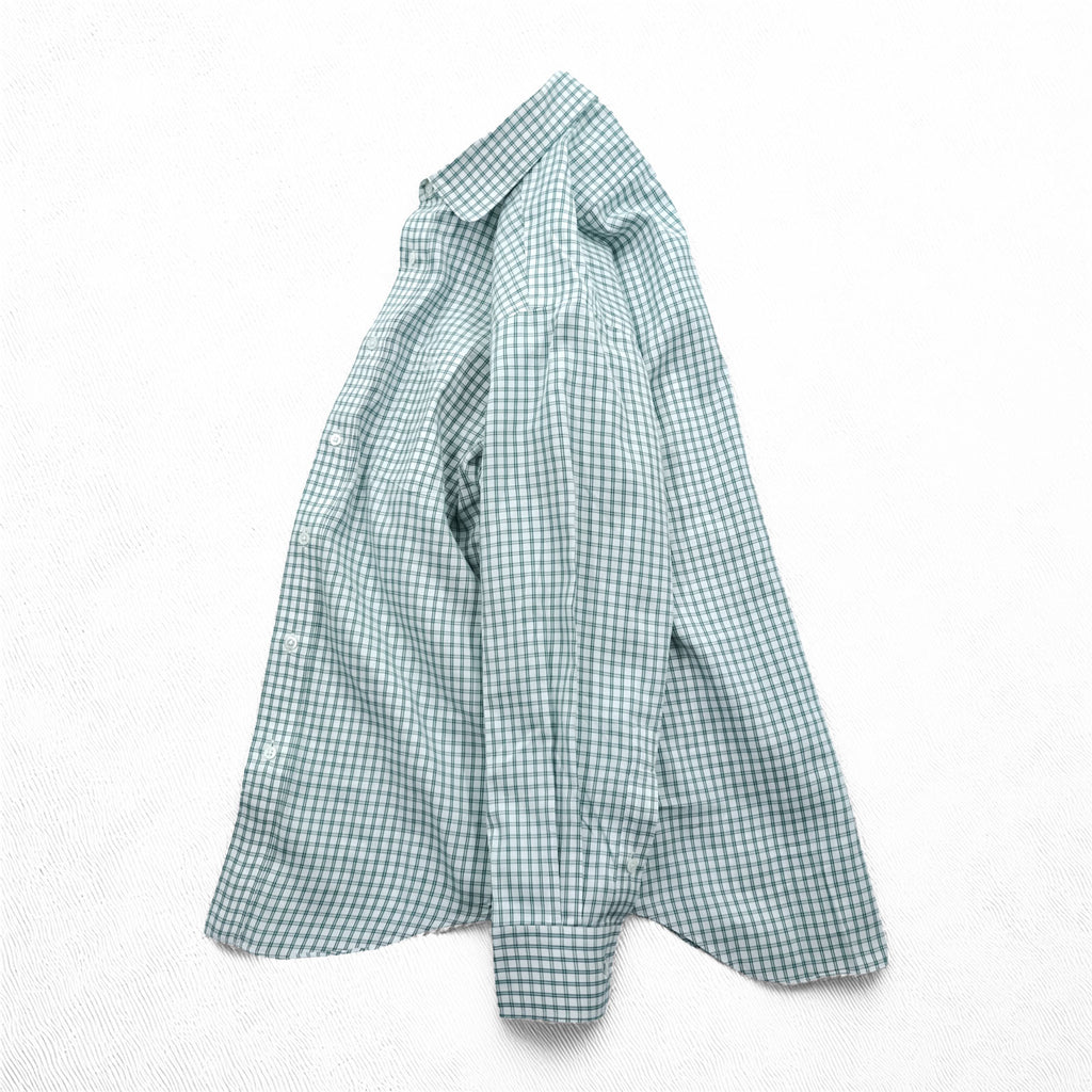 BURBERRY 90s Japan Made Round Collar Shirt M Green/White Checked One-Point Logo Round Neck