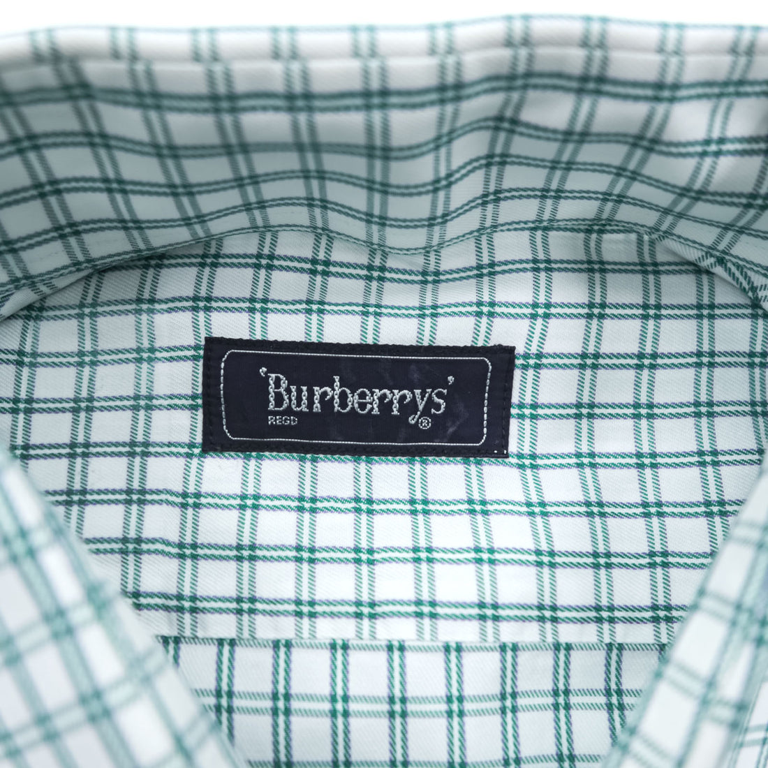BURBERRY 90s Japan Made Round Collar Shirt M Green/White Checked One-Point Logo Round Neck