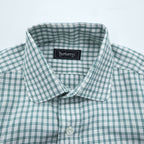 BURBERRY 90s Japan Made Round Collar Shirt M Green/White Checked One-Point Logo Round Neck