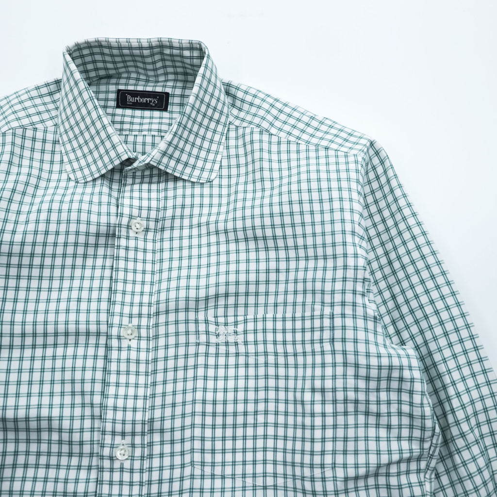 BURBERRY 90s Japan Made Round Collar Shirt M Green/White Checked One-Point Logo Round Neck