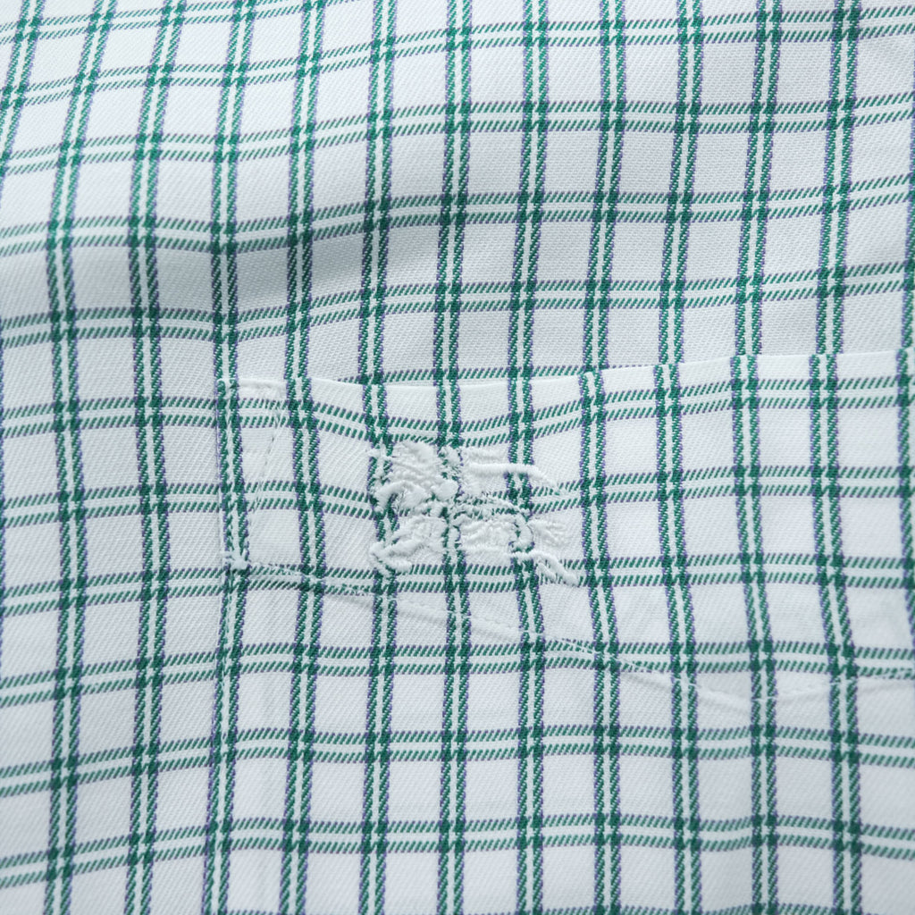 BURBERRY 90s Japan Made Round Collar Shirt M Green/White Checked One-Point Logo Round Neck