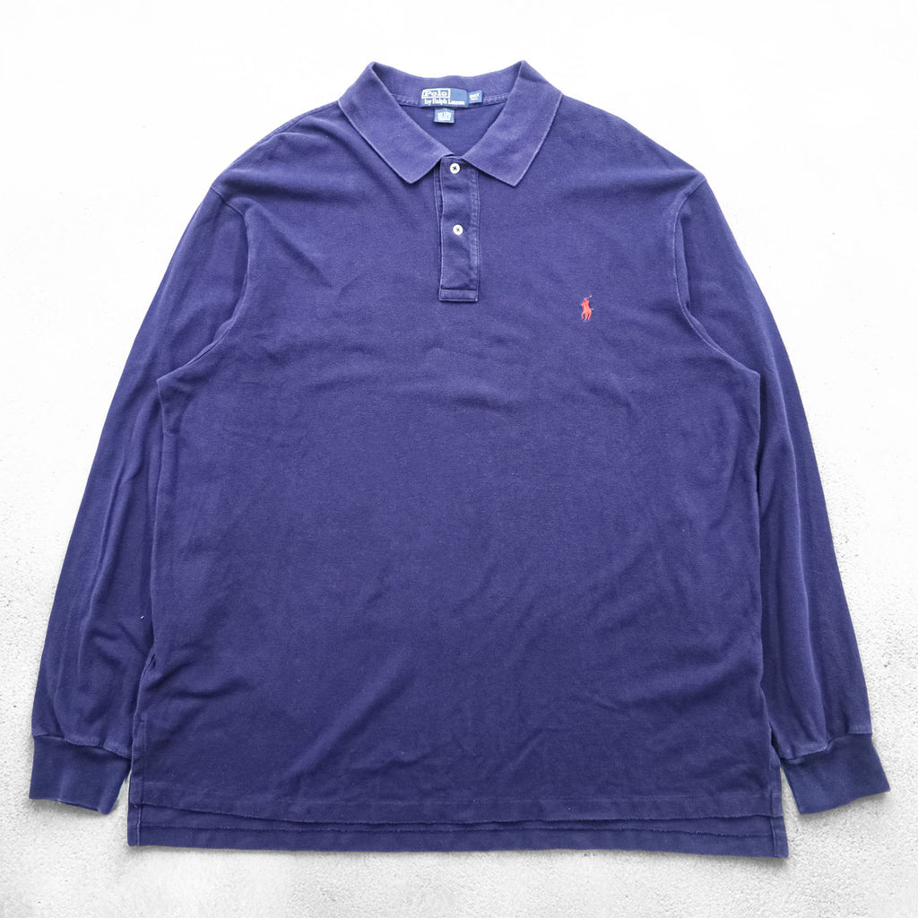 Polo Ralph Lauren 90年代 長袖ポロシャツ ラガーシャツ 2XL ネイビー 鹿の子 スモールポニー刺繍