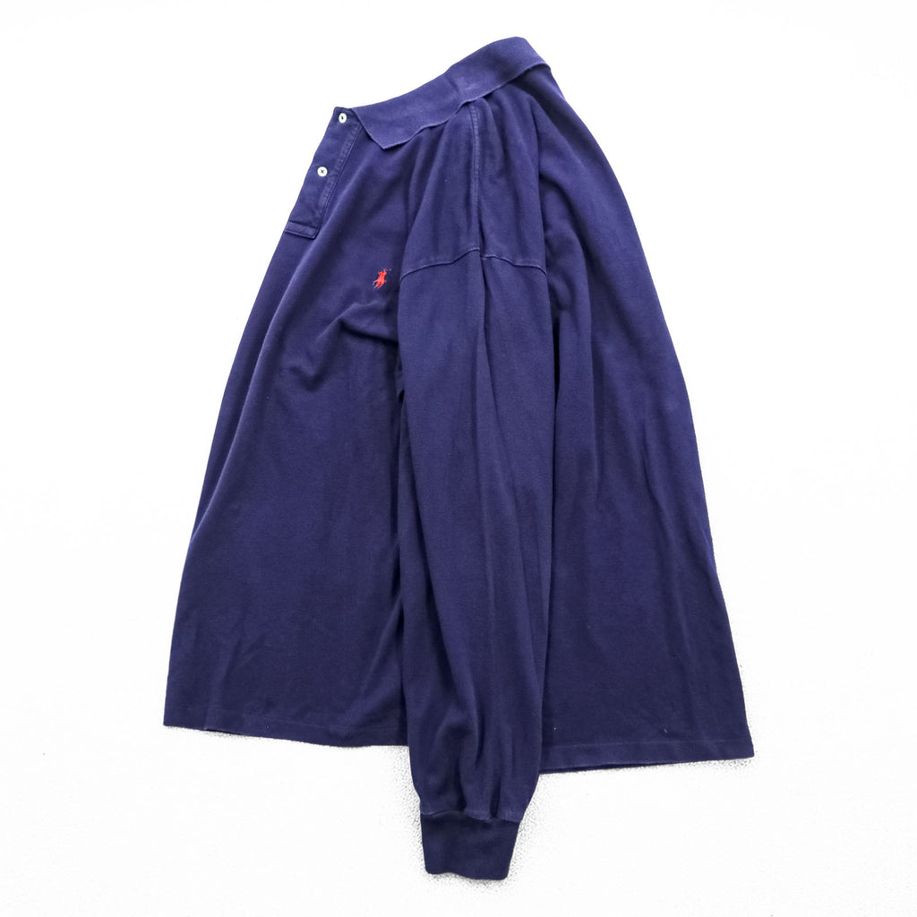 Polo Ralph Lauren 90年代 長袖ポロシャツ ラガーシャツ 2XL ネイビー 鹿の子 スモールポニー刺繍