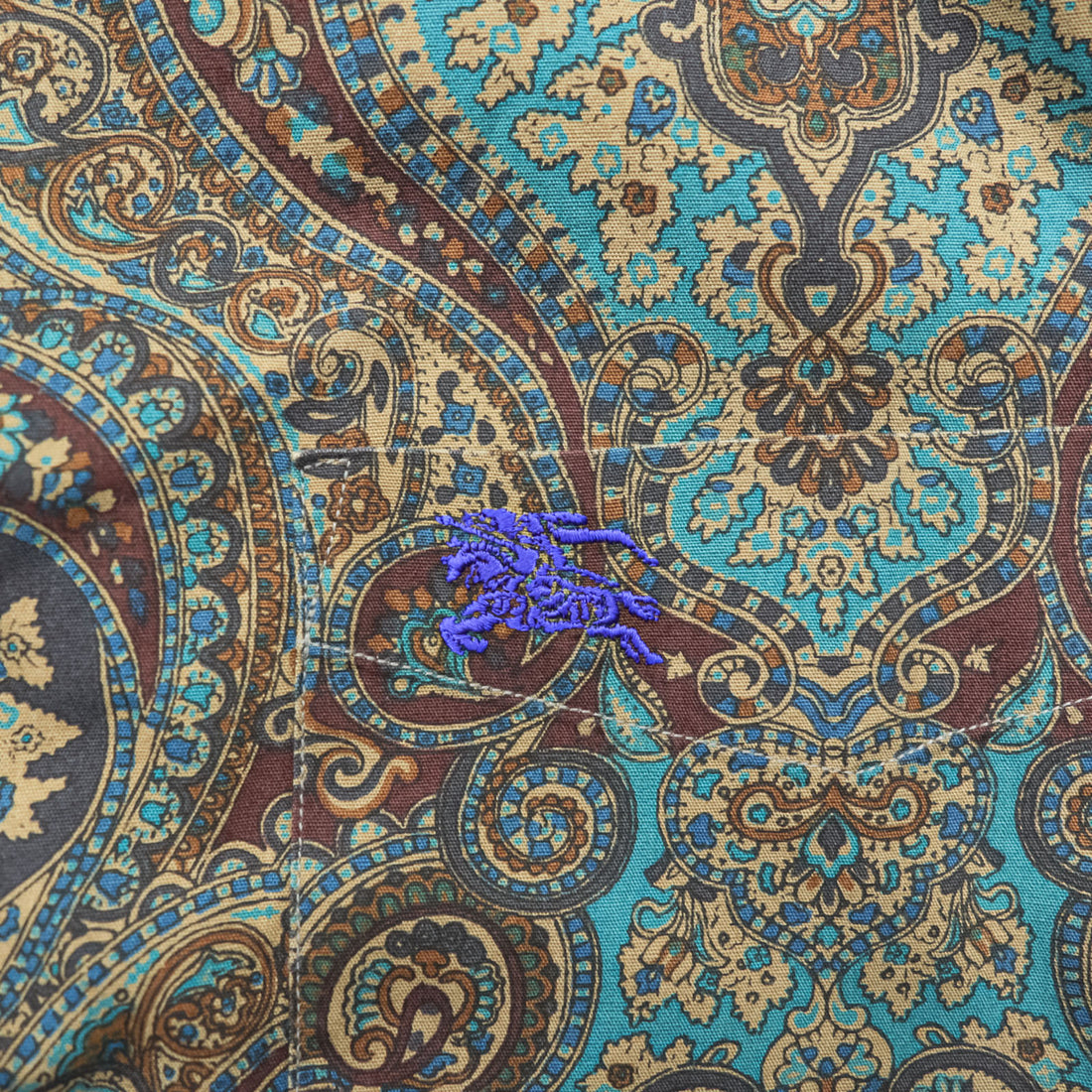 BURBERRY 90s Japan-Made Paisley Pattern Shirt, Size M, Brown/Green, with a single logo.
