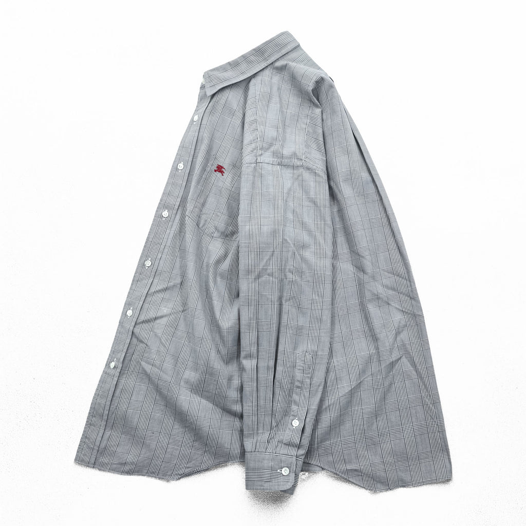 BURBERRY 90s Made in Japan Vintage Glen Plaid Long Sleeve Shirt M Gray Chest Pocket Embroidered One-point Logo