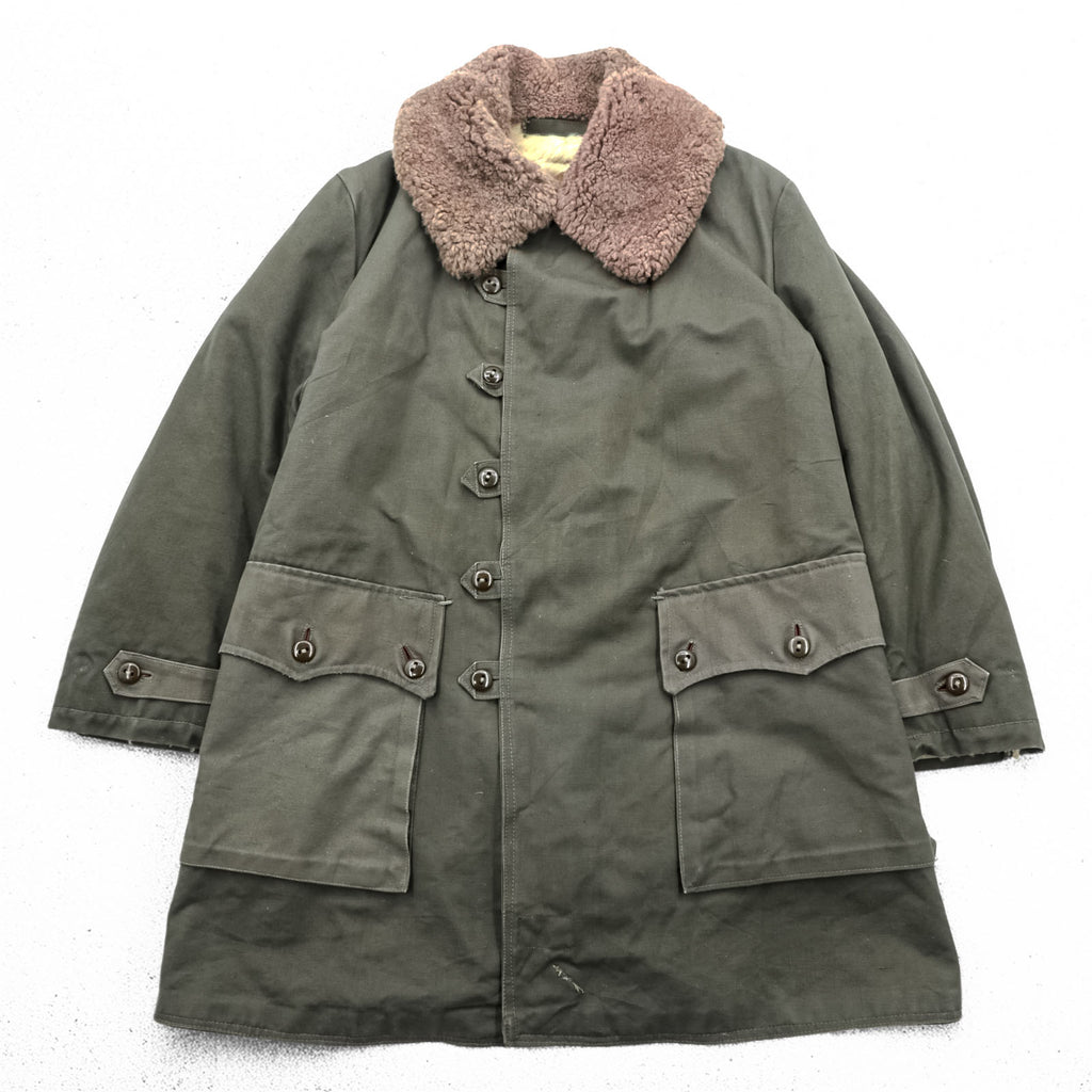 1940s Swedish Army Vintage Shearling Coat M1909 Pilot Coat L Khaki Boa Liner Cotton Canvas Military