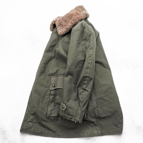 1940s Swedish Army Vintage Shearling Coat M1909 Pilot Coat L Khaki Boa Liner Cotton Canvas Military