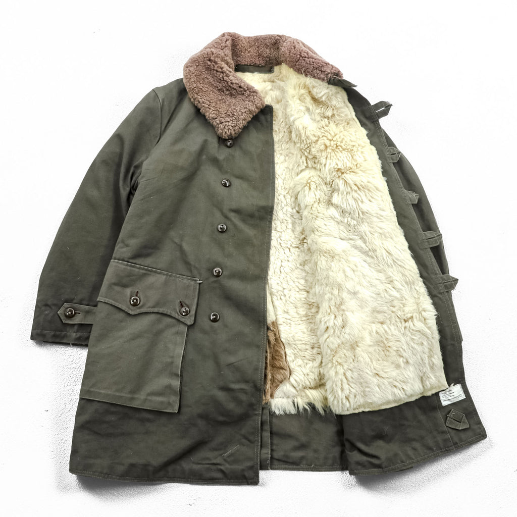 1940s Swedish Army Vintage Shearling Coat M1909 Pilot Coat L Khaki Boa Liner Cotton Canvas Military