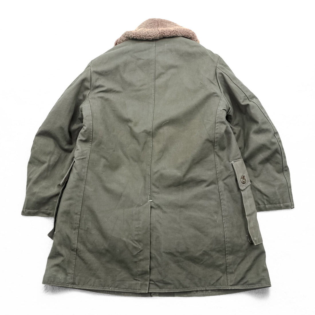 1940s Swedish Army Vintage Shearling Coat M1909 Pilot Coat L Khaki Boa Liner Cotton Canvas Military