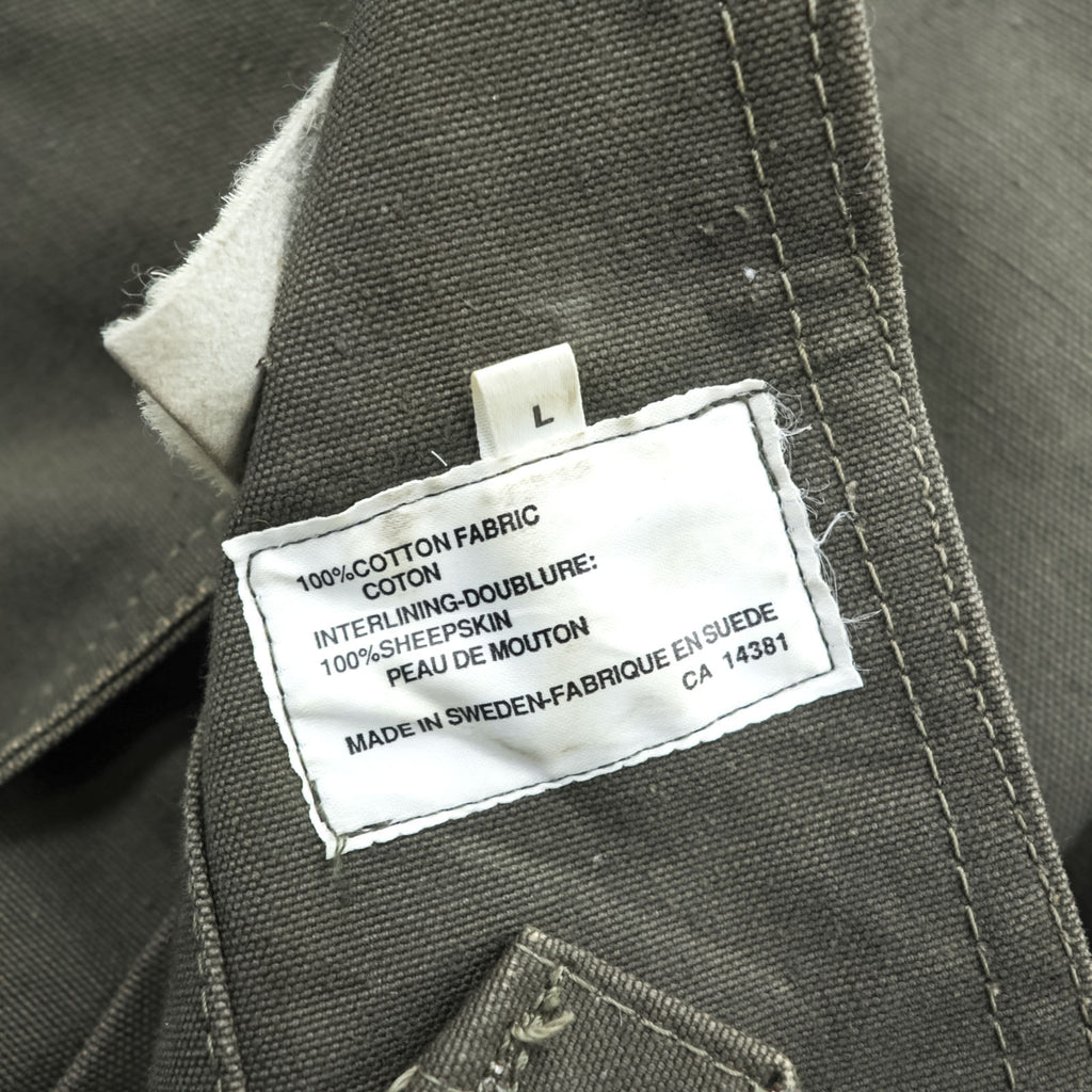 1940s Swedish Army Vintage Shearling Coat M1909 Pilot Coat L Khaki Boa Liner Cotton Canvas Military