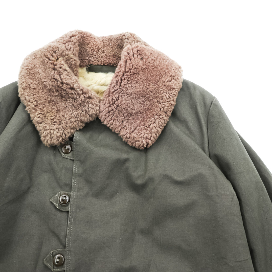 1940s Swedish Army Vintage Shearling Coat M1909 Pilot Coat L Khaki Boa Liner Cotton Canvas Military