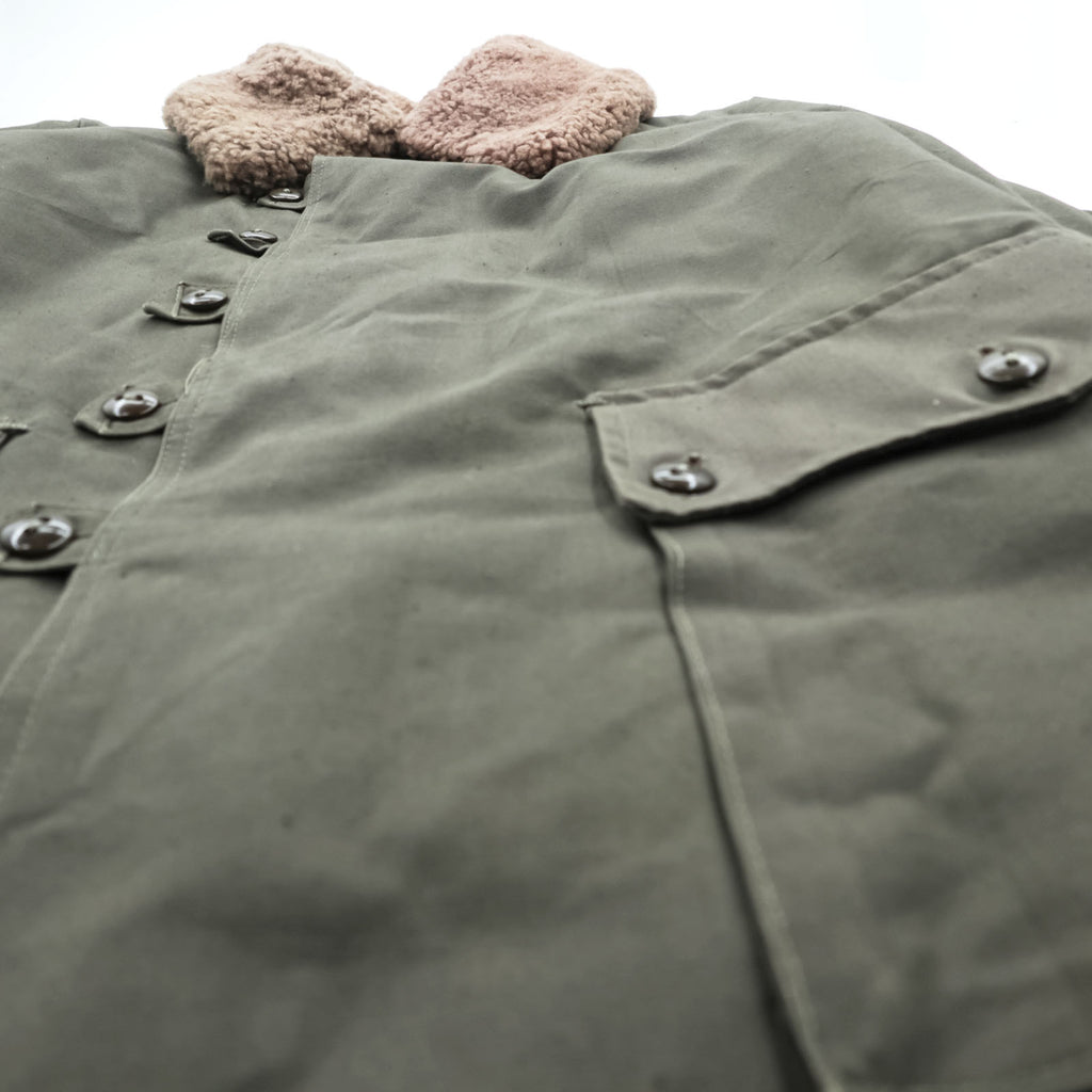 1940s Swedish Army Vintage Shearling Coat M1909 Pilot Coat L Khaki Boa Liner Cotton Canvas Military