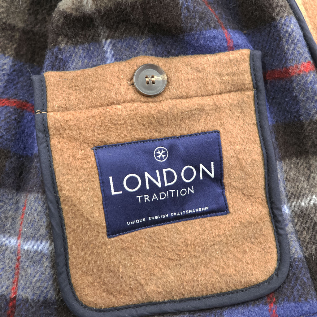 LONDON TRADITION 英国製 ダッフルコート メルトン ウール XL キャメル ブラウン 裏地チェック イギリス製