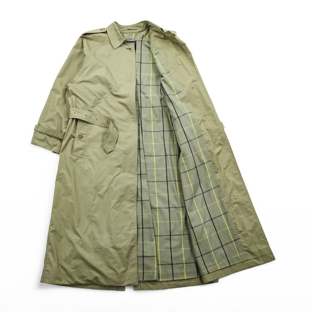 Vintage Burberrys Made in England Belted Long Trench Coat Khaki Beige Check Lined Womens