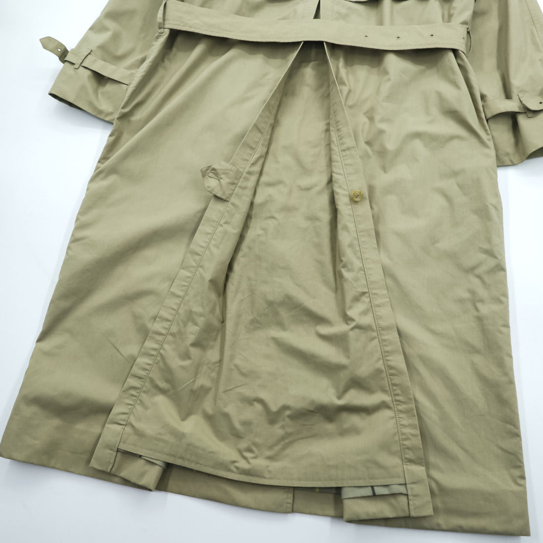 Vintage Burberrys Made in England Belted Long Trench Coat Khaki Beige Check Lined Womens