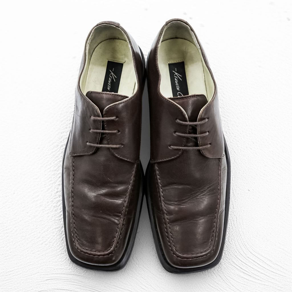Kenneth Cole New York Brown Leather Square Toe Apron Toe Derby Shoes 3 Eyelet 9M Leather Sole