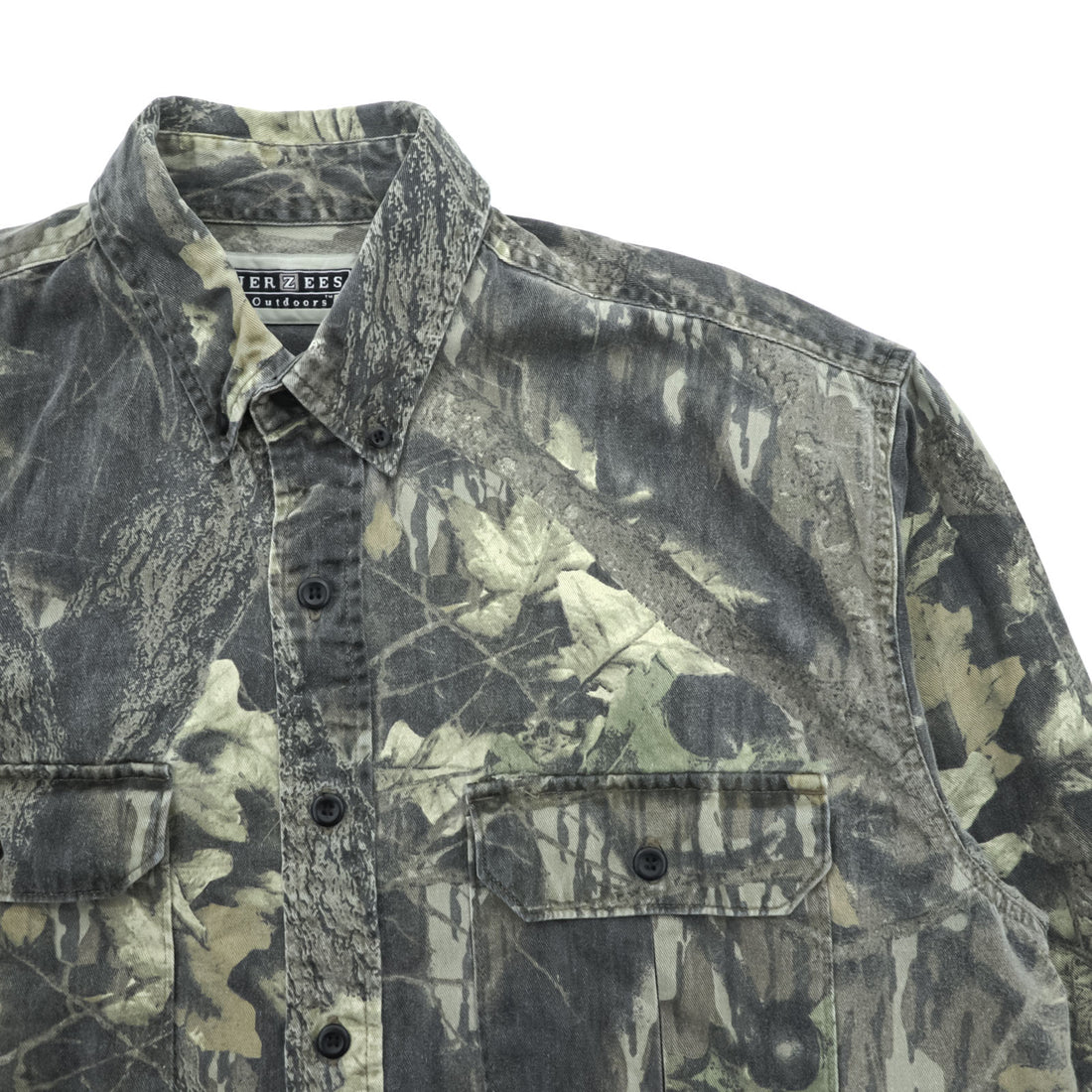 JERZEES 90年代 ヴィンテージ リアルツリーカモ 長袖シャツ L カーキ ボタンダウン 胸ポケット Outdoors