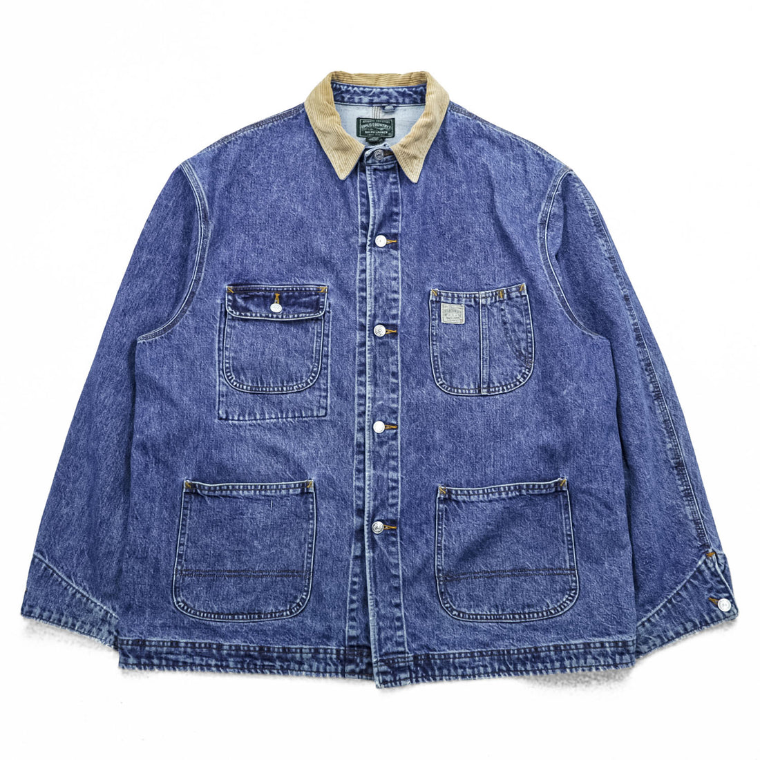 Vintage Polo Country Ralph Lauren Denim Chore Jacket Corduroy Collar 4 Pocket Made in USA Workwear