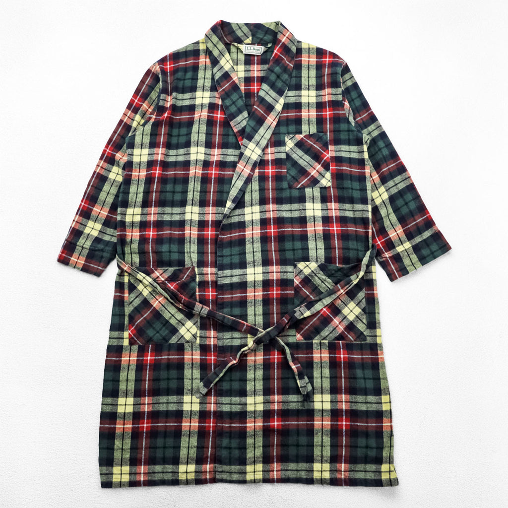 L.L.Bean Plaid Flannel Robe Shirt Green Red Tartan Cotton Belted Lounge Jacket Size L