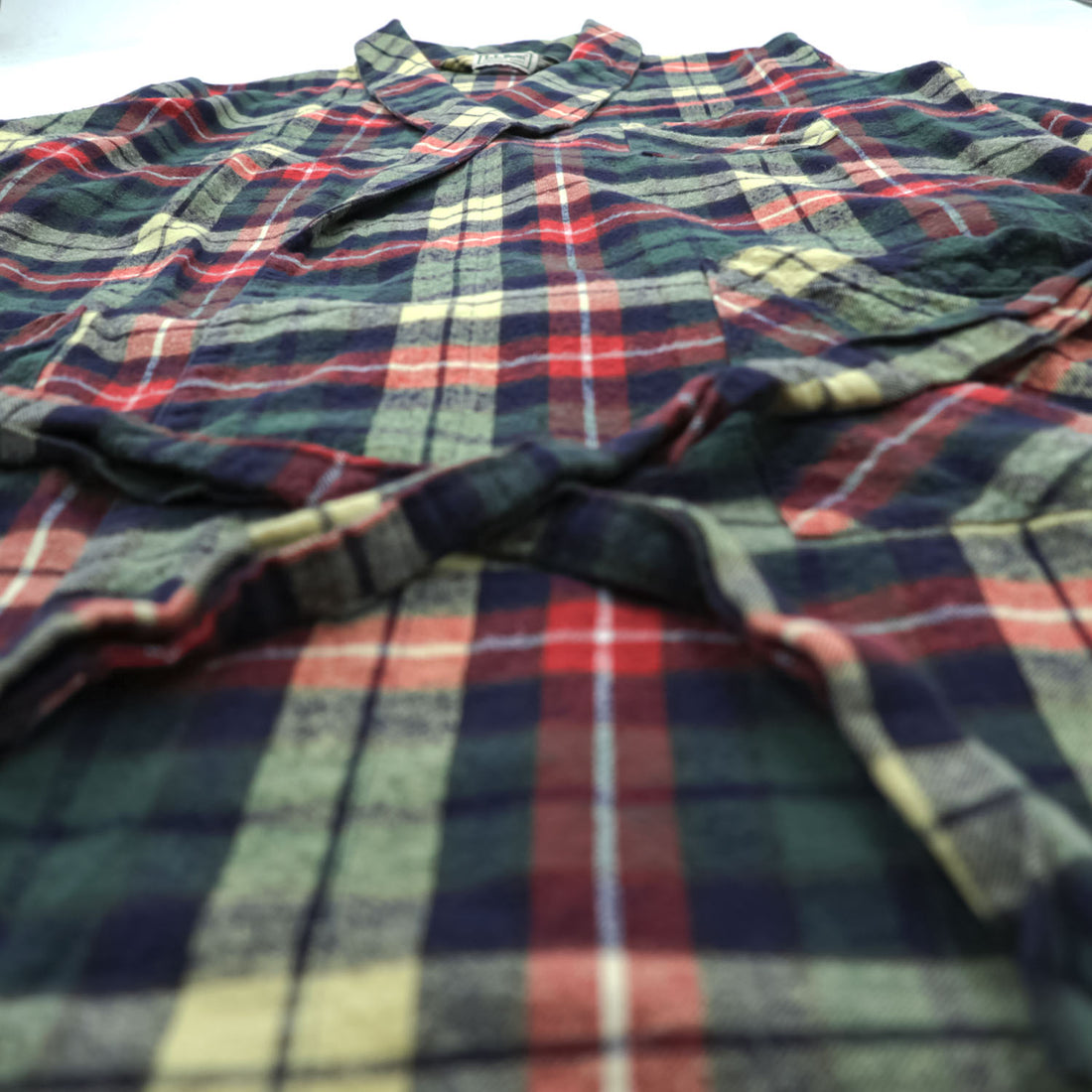 L.L.Bean Plaid Flannel Robe Shirt Green Red Tartan Cotton Belted Lounge Jacket Size L