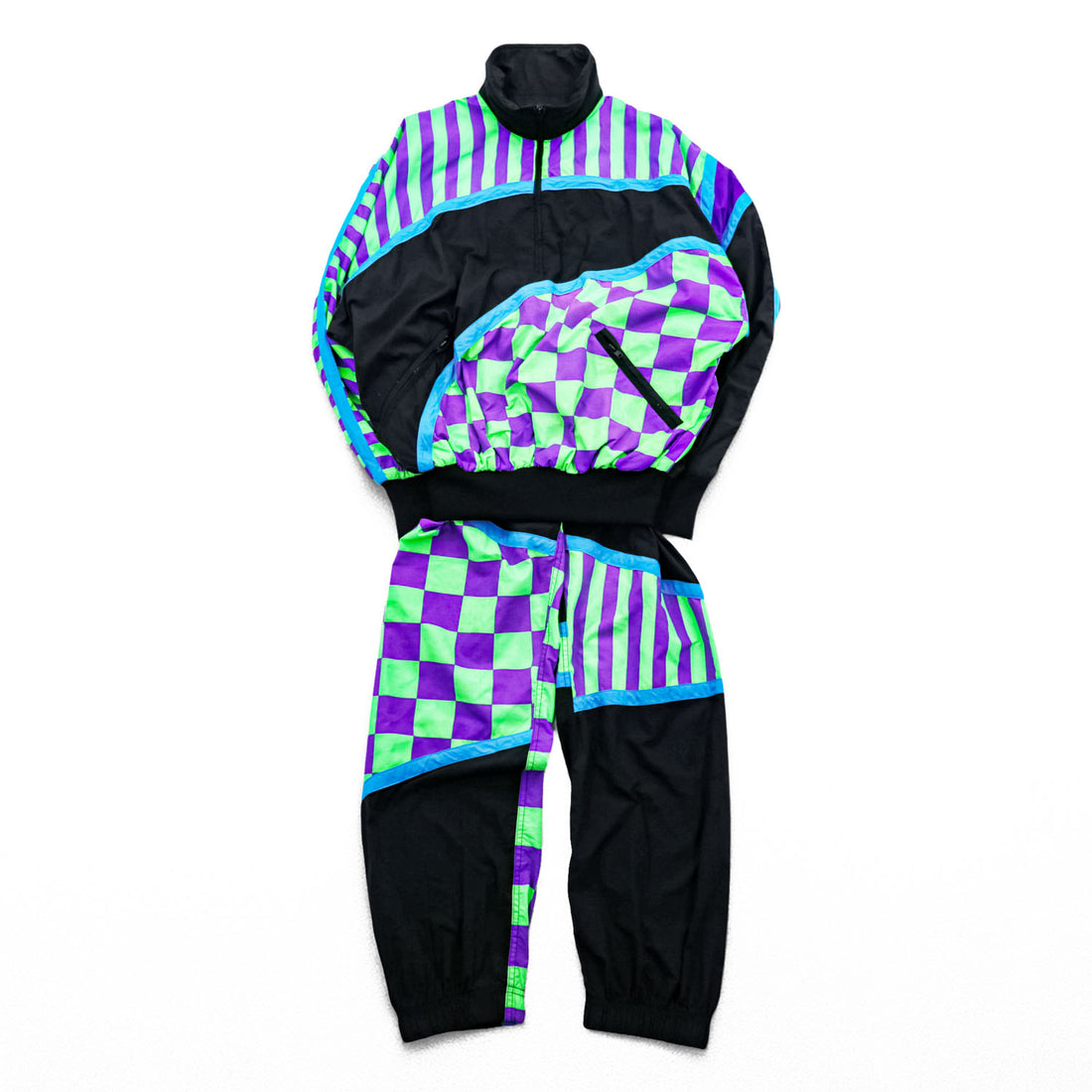 80s Vintage Hotdogger USA Nylon Tracksuit Set Purple Green Checker Stripe Geometric Half Zip Made in USA Size S