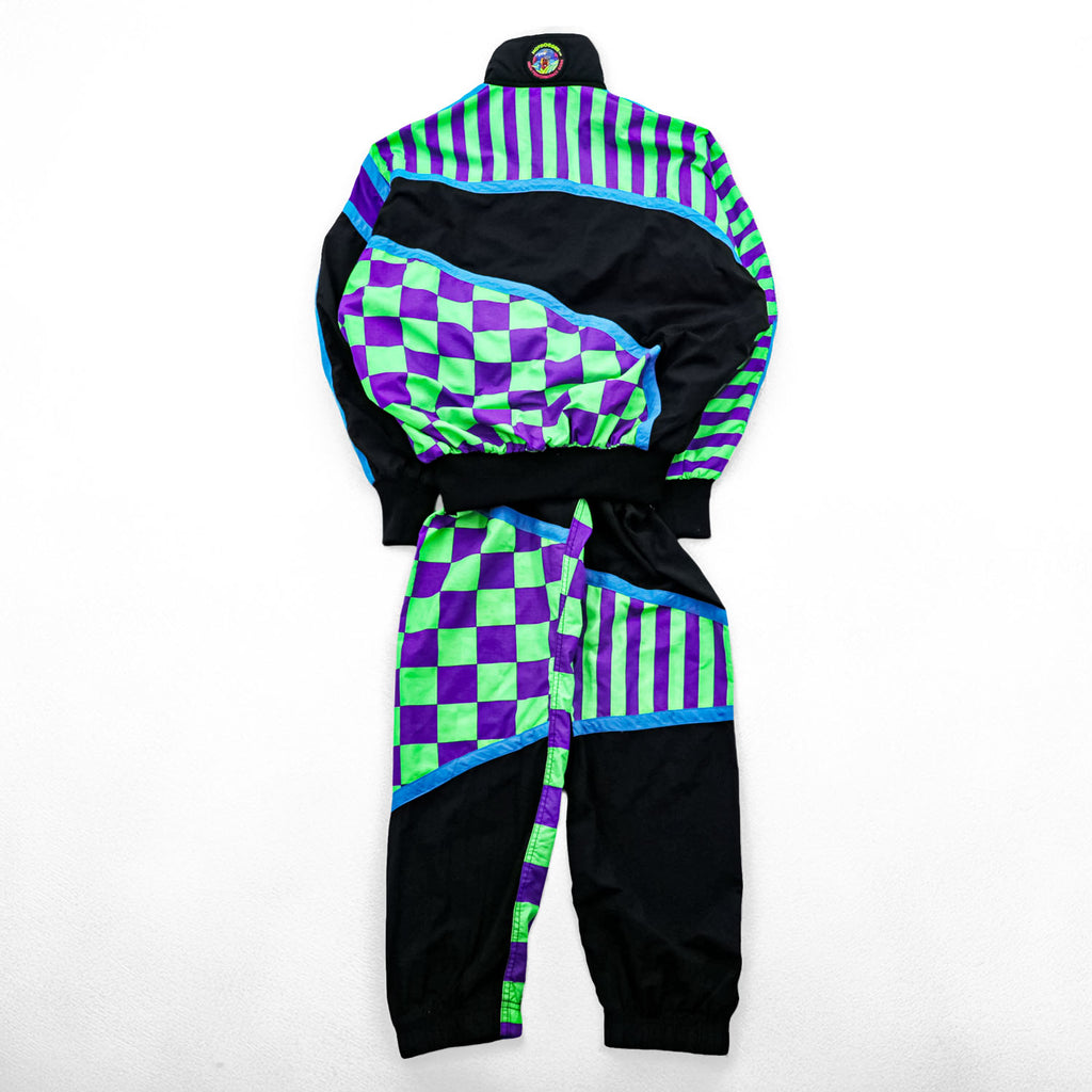 80s Vintage Hotdogger USA Nylon Tracksuit Set Purple Green Checker Stripe Geometric Half Zip Made in USA Size S