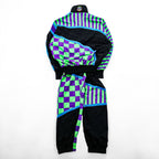 80s Vintage Hotdogger USA Nylon Tracksuit Set Purple Green Checker Stripe Geometric Half Zip Made in USA Size S