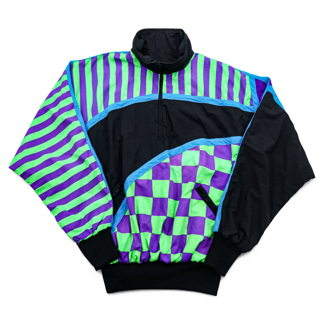 80s Vintage Hotdogger USA Nylon Tracksuit Set Purple Green Checker Stripe Geometric Half Zip Made in USA Size S