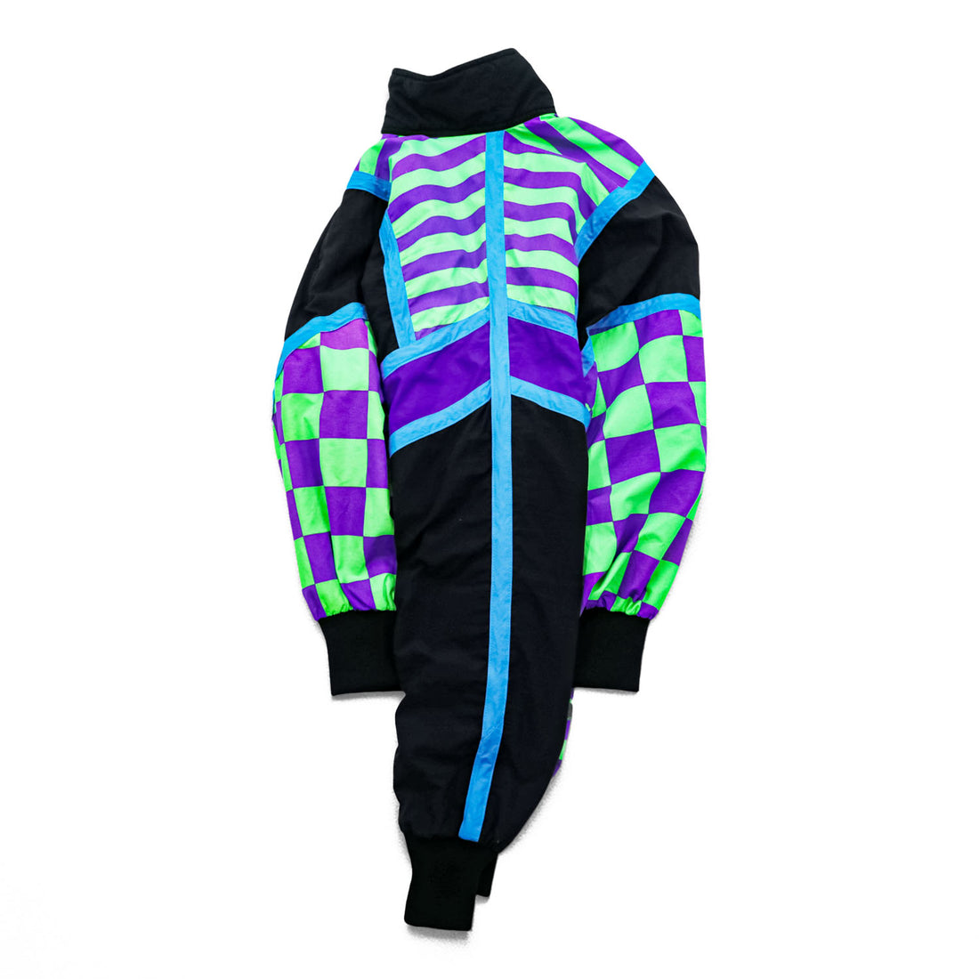 80s Vintage Hotdogger USA Nylon Tracksuit Set Purple Green Checker Stripe Geometric Half Zip Made in USA Size S