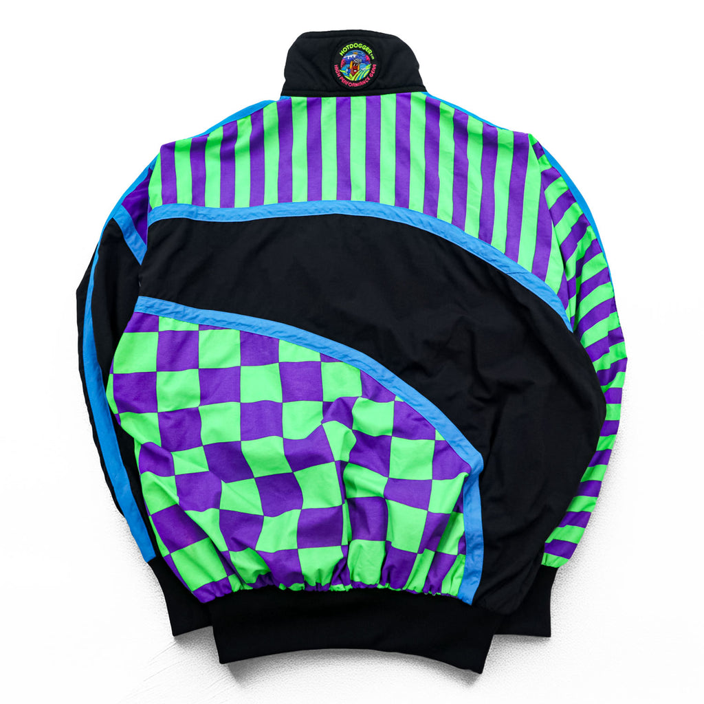 80s Vintage Hotdogger USA Nylon Tracksuit Set Purple Green Checker Stripe Geometric Half Zip Made in USA Size S